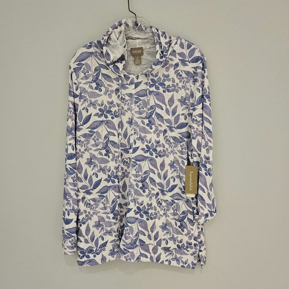 Chico's Supremely Soft Hoodie with Pockets - Blue Floral Size 2 - Picture 1 of 1